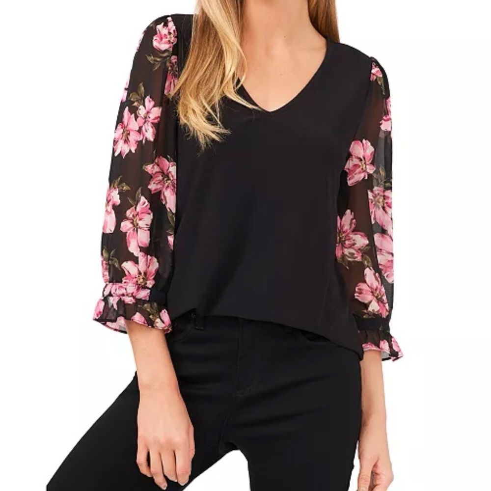 NWT CeCe Black Blouse with Pink Floral Sleeves!